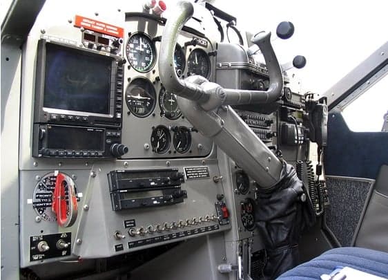 The instrument panel and yoke of a de Havilland Beaver floatplane.