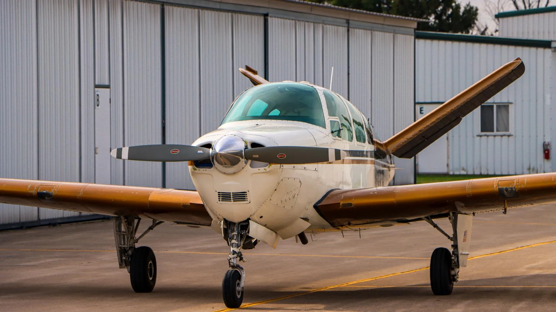 Close-up front three-quarter view of a white and gold Beechcraft Bonanza with its propeller blades angled.