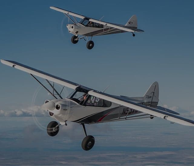 Two white and gray Cub aircraft flying in the sky.