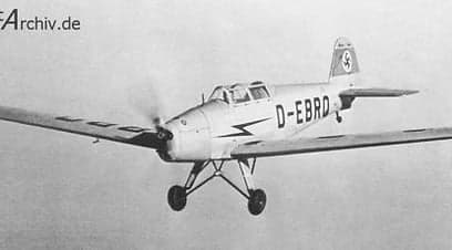 Diagram of a Bücker Bü 180 Student aircraft with its Kennzeichen D-EBRQ and Werk-Nr. 2103.