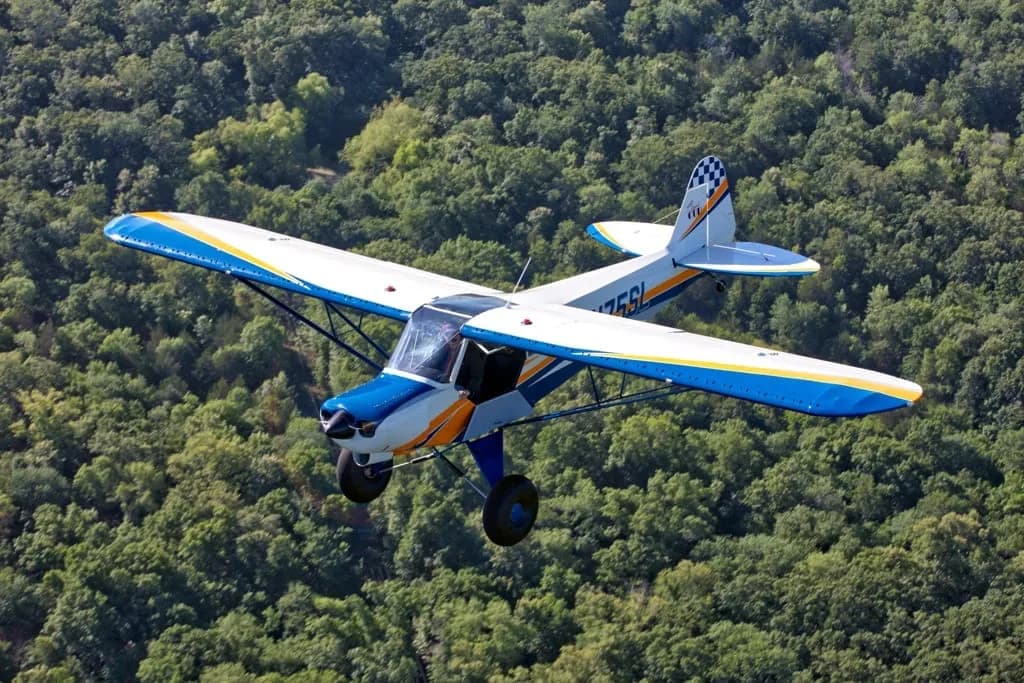 Aircraft flying in front of a forest.