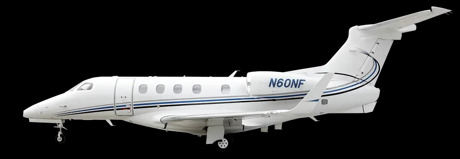 A white business jet, N60NF, with blue and black accent stripes, viewed from the side on a white background.