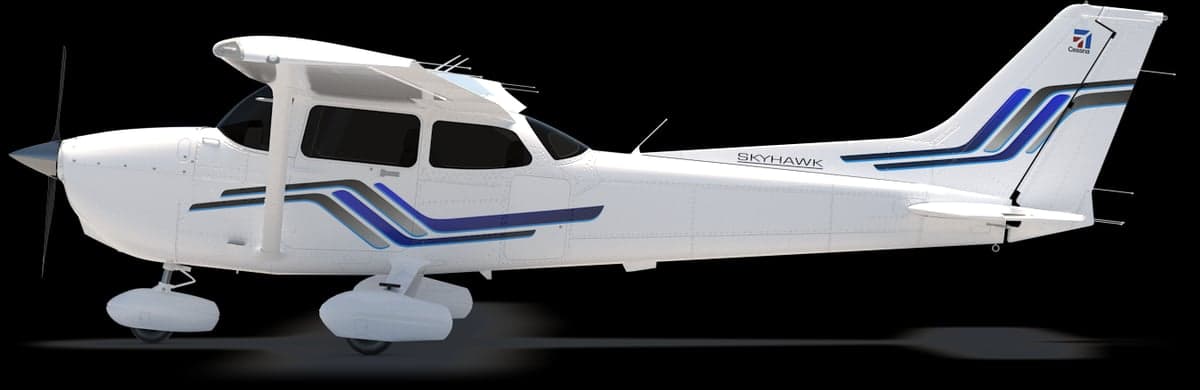 Stock image of a Cessna Skyhawk with a white and blue paint scheme.