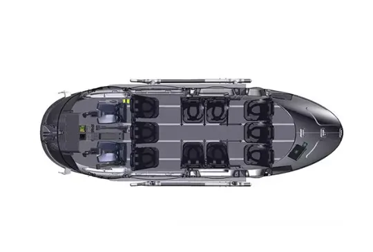 An overhead diagram showing the interior seating layout of a helicopter cabin.