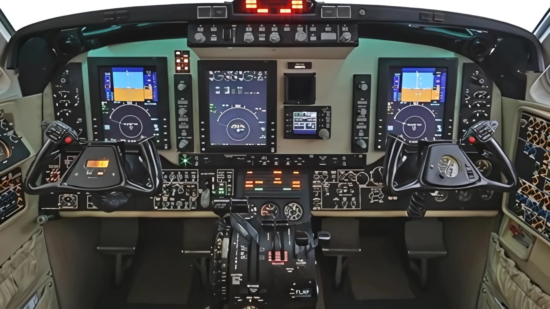 The modern glass cockpit of a Beechcraft King Air, featuring multiple digital displays and dual yokes.