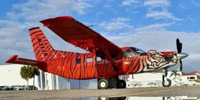 A modified aircraft with a tiger paint scheme parked on the tarmac.