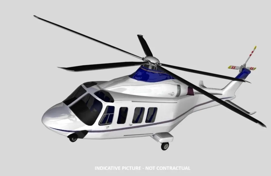 Rendering of a white and blue helicopter.