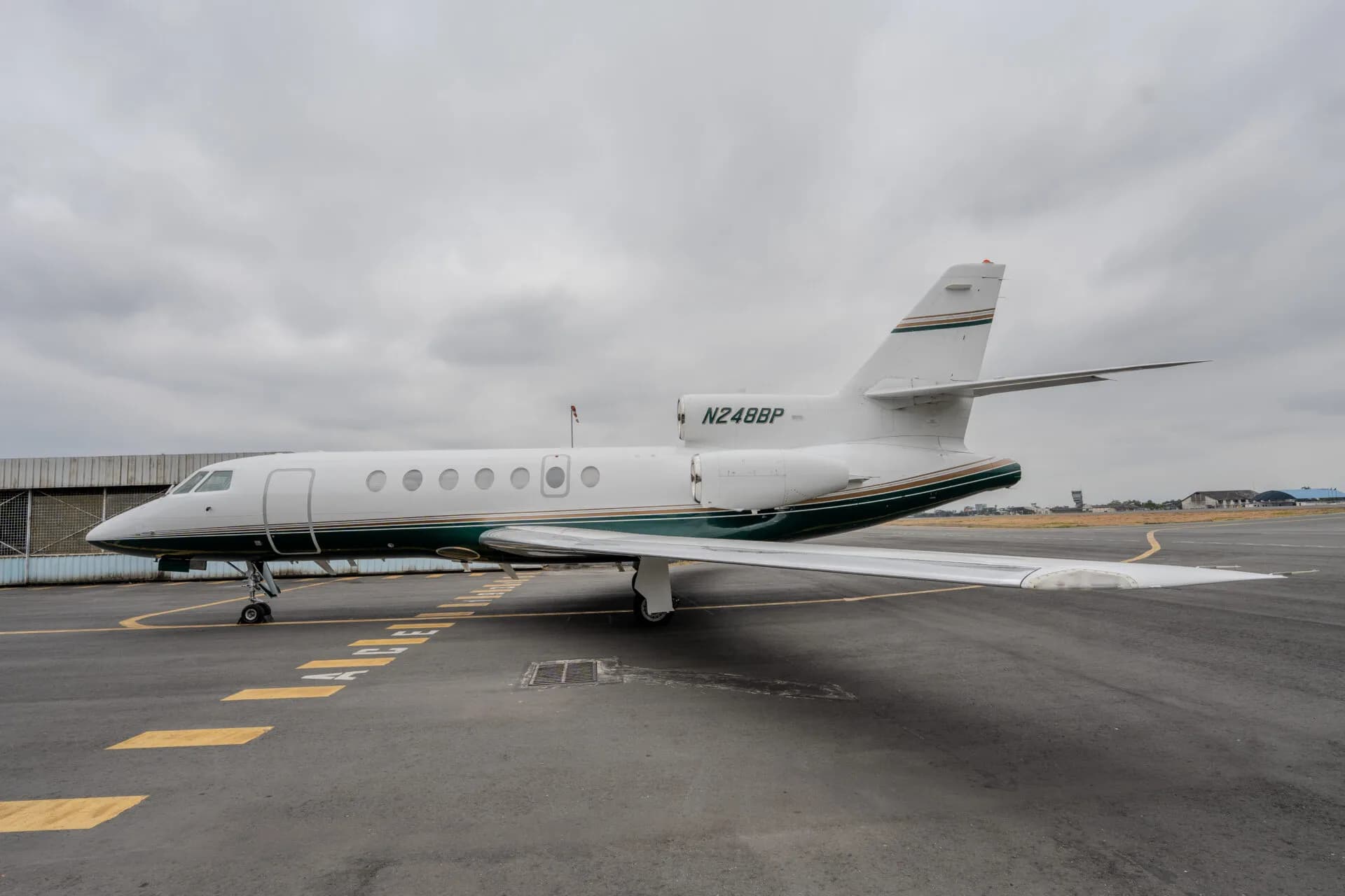 A side view of a white and green private jet (N248BP) parked on an airfield under a cloudy sky.