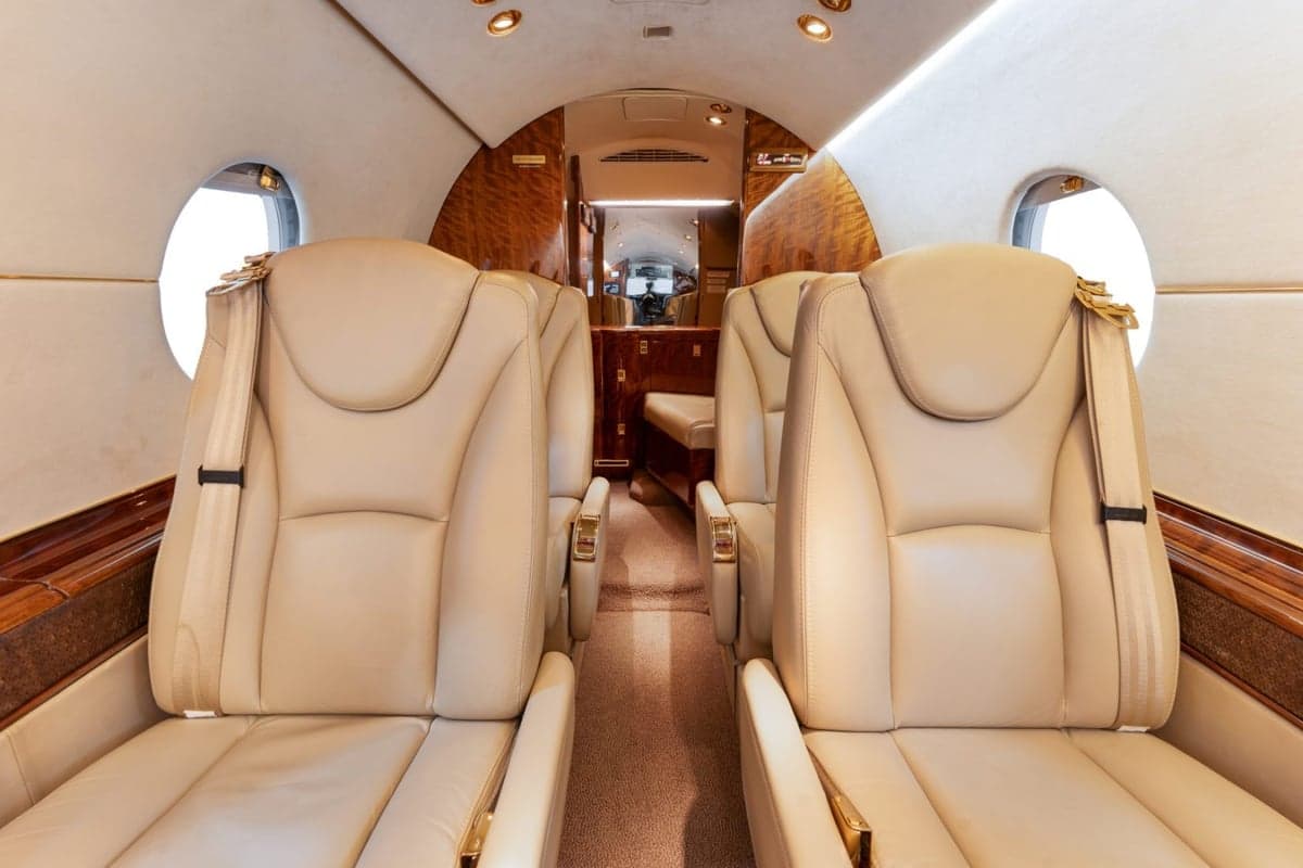Aircraft interior with tan leather seats and wood trim.