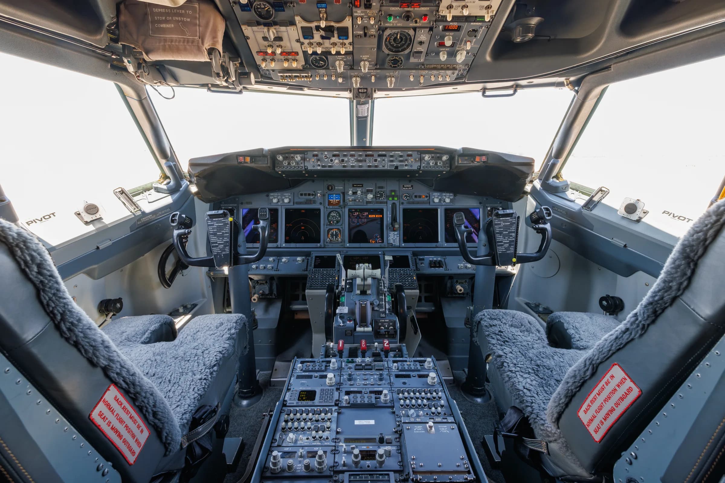 The cockpit of a Boeing 737 aircraft.