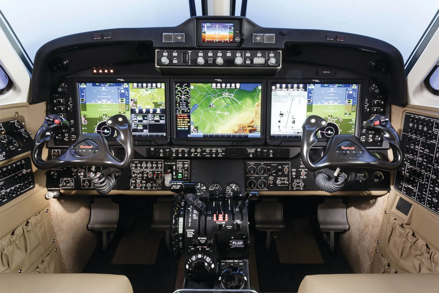 Detailed view of the King Air 350 cockpit with advanced avionics.