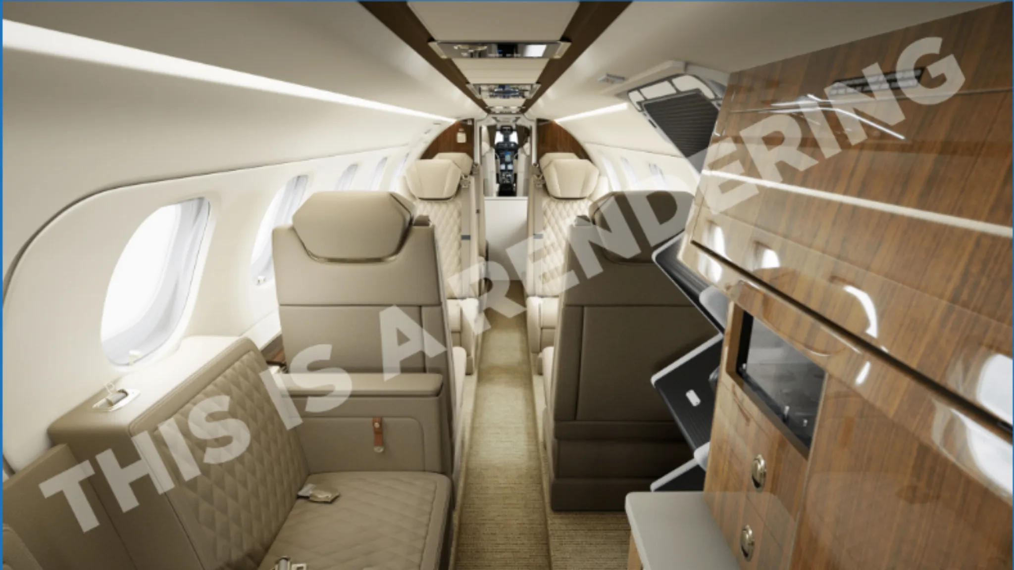 Aircraft interior with leather seats and wood accents.