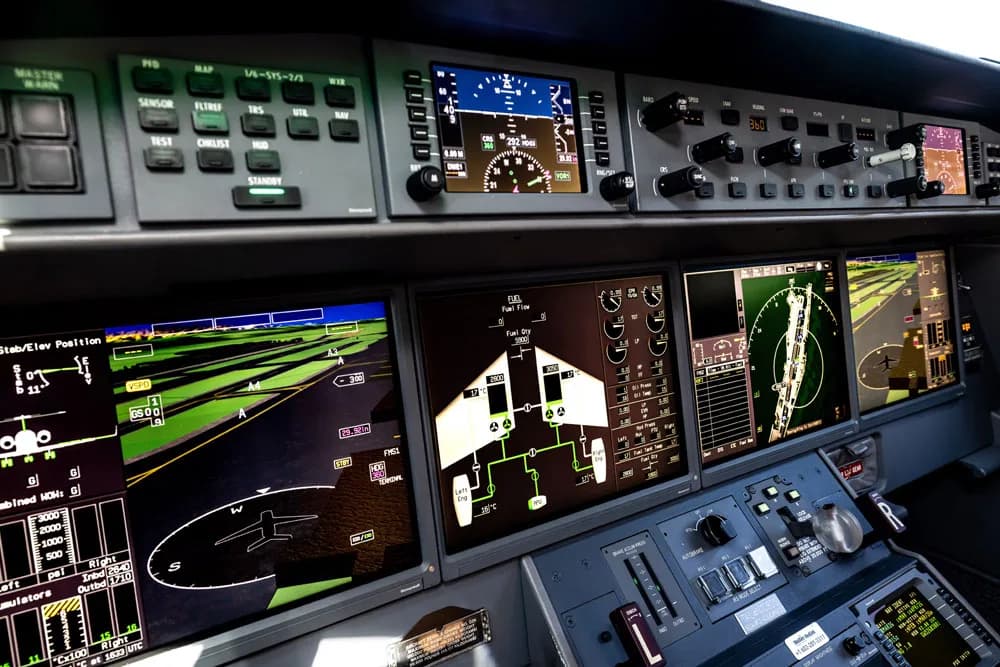 A wide view of the spacious and modern cockpit with two pilot seats and a full array of controls.
