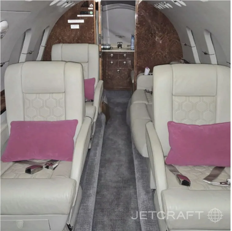 A view down the aisle of a private jet cabin, showing two rows of light-colored leather seats with pink pillows and wood-paneled walls.