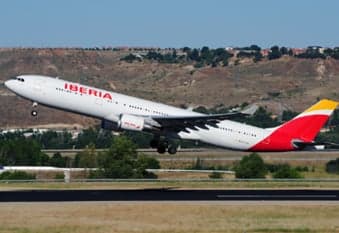 An Iberia Airbus A330 taking off.