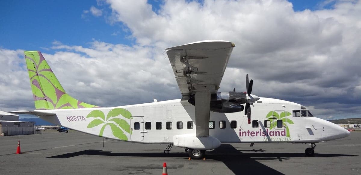 A white Short 360 aircraft with green palm tree livery parked on the tarmac.