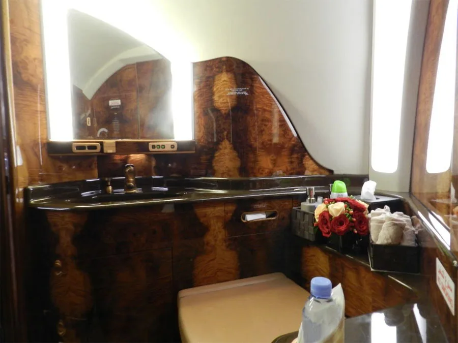 The aircraft lavatory features a sink, toilet, mirror, and polished wood paneling.