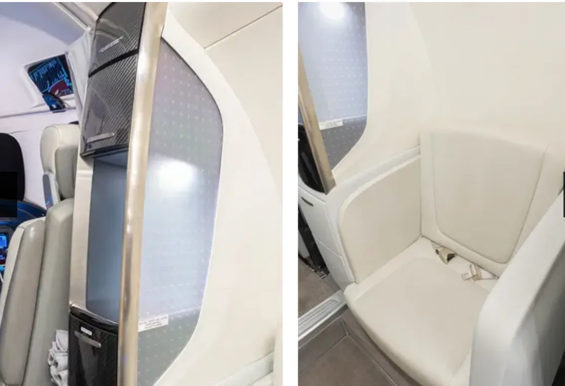 A split image showing a close-up of a cabin storage unit and a single light-colored passenger seat in a HondaJet.