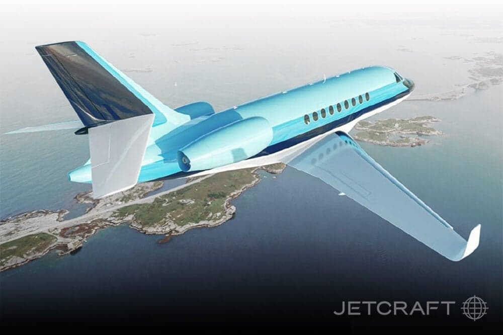 Illustration of a light blue aircraft flying over water.