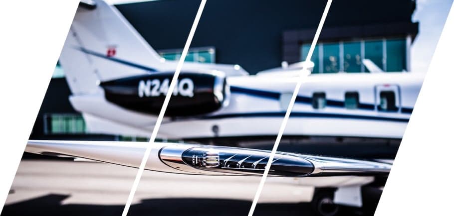 A composite view showing the wingtip and tail section of a white jet with N24Q registration.