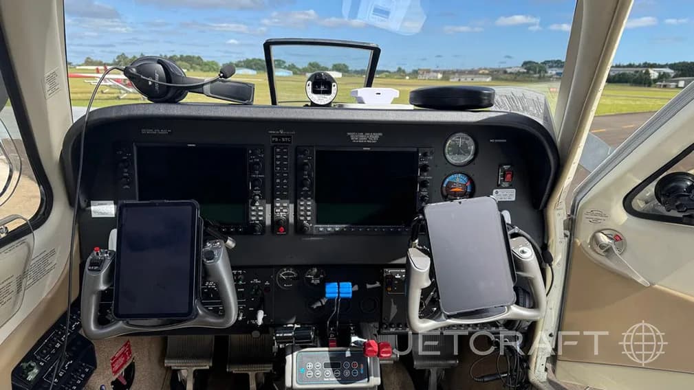 The cockpit of the aircraft features modern avionics and dual control wheels.