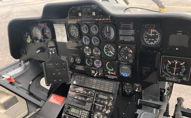 The helicopter's instrument panel and controls.