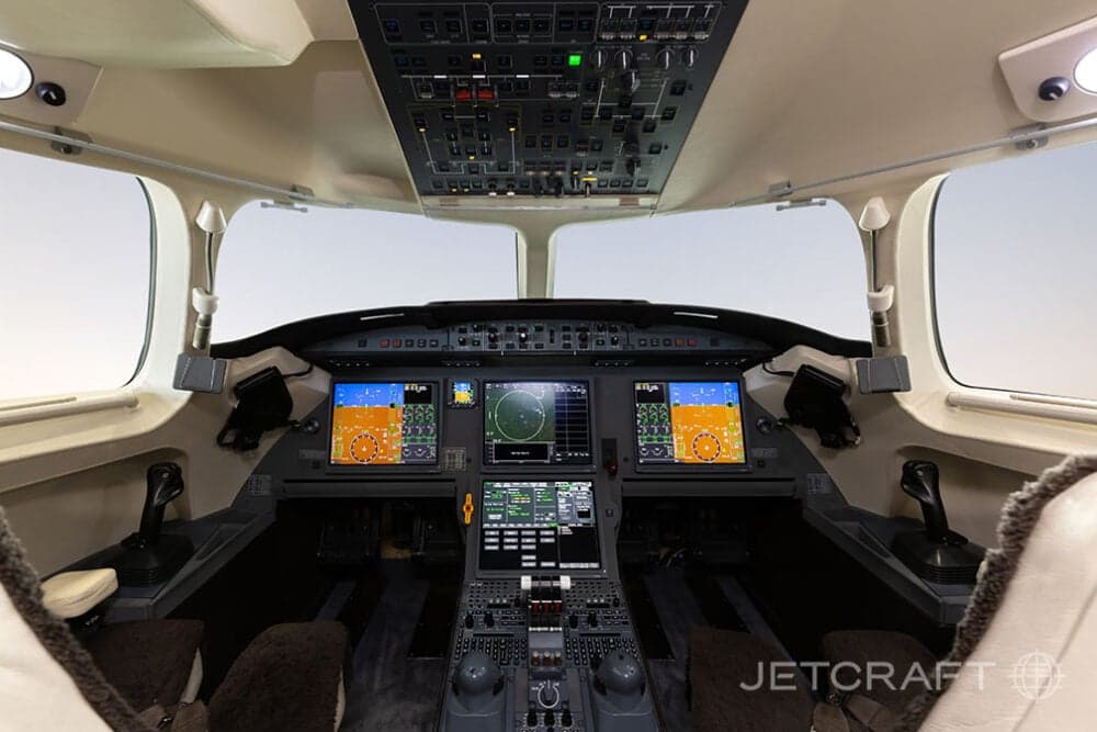 The cockpit of the aircraft features advanced avionics and controls.