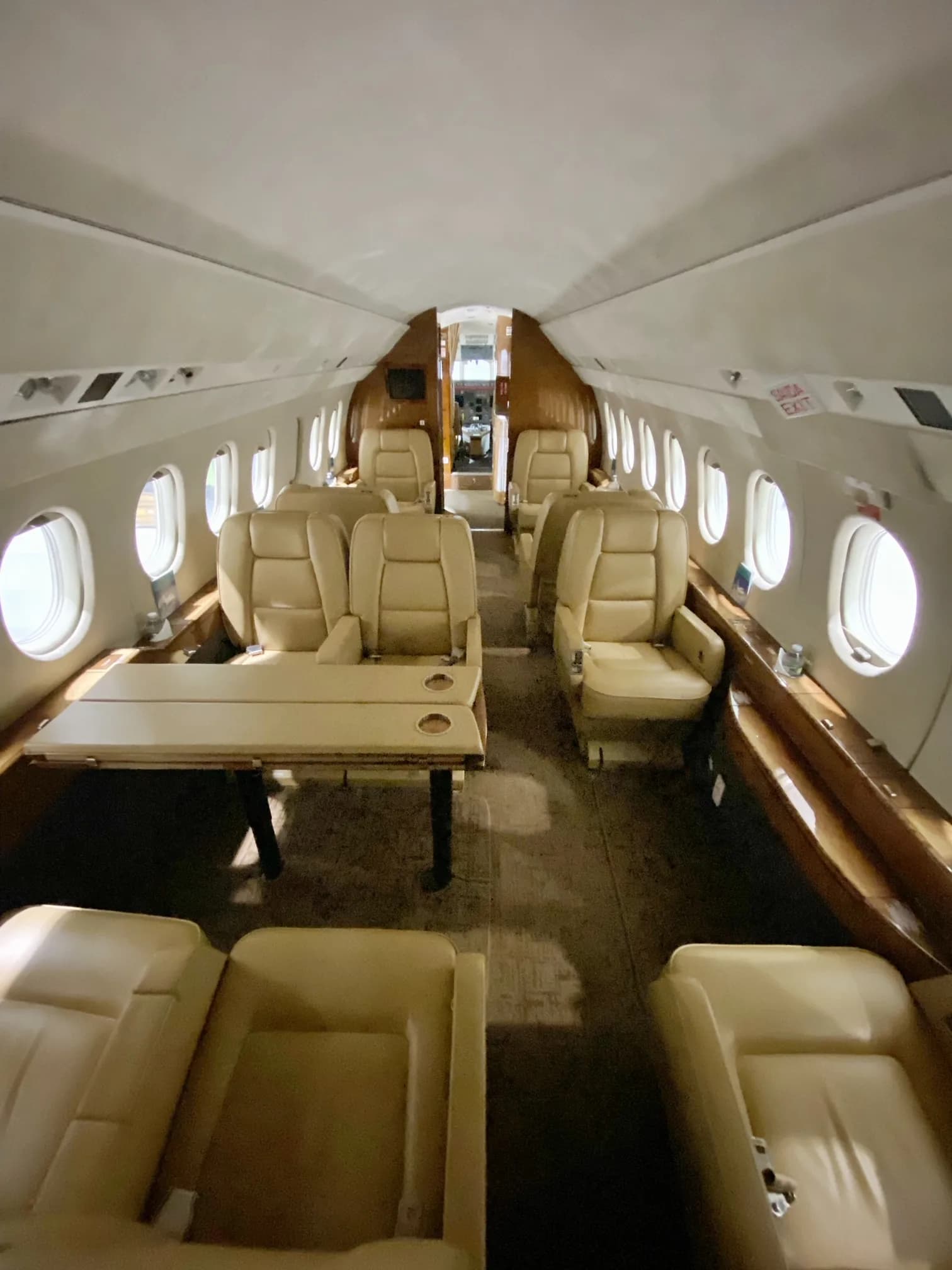 View of the aircraft's cabin with leather seats and a table.