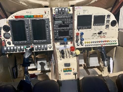 View of the aircraft's instrument panel and controls.