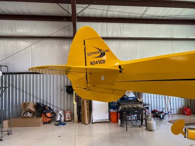 Close-up of the yellow tail of the Carbon Cub aircraft showing registration N341CD and Carbon Cub logo.