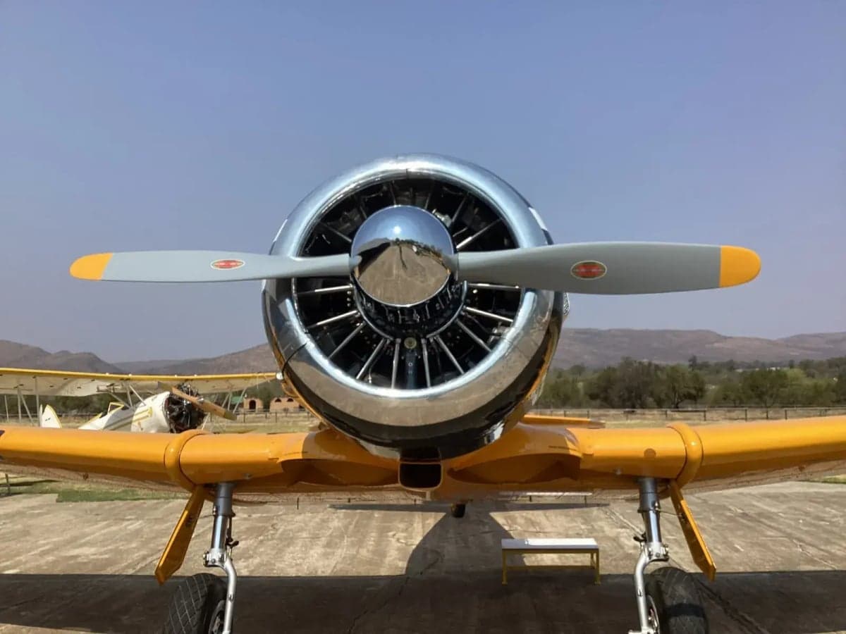 Close-up of the polished engine and propeller of a yellow T-6 Texan aircraft.