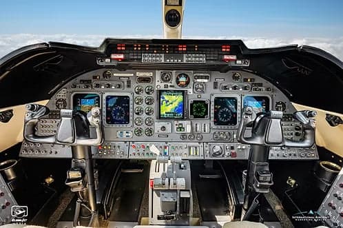 The cockpit of a Learjet 45XR with a full instrument panel.