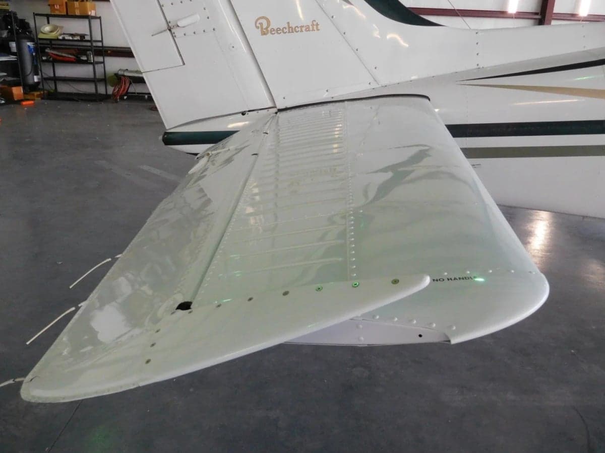 Close-up of the tail and wing of the Beechcraft Baron.