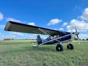 A blue and white ACA aircraft, registration N101BC, parked on a grassy field under a blue sky with scattered clouds.