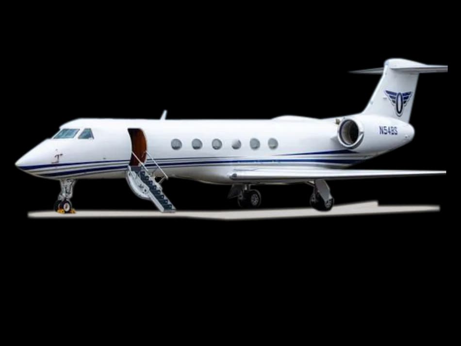 A white aircraft with an open door and stairs on a black background.
