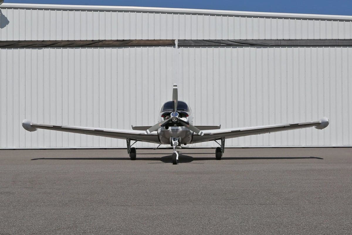 Front view of a Beechcraft Bonanza G36 aircraft on the ground.