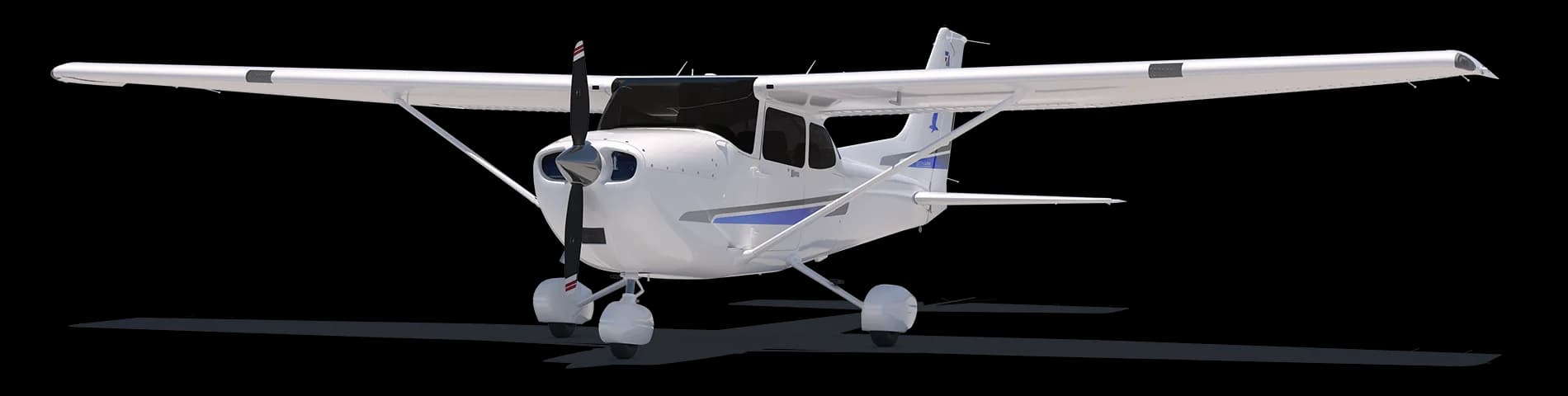 A white and blue Cessna Skyhawk aircraft on a black background.