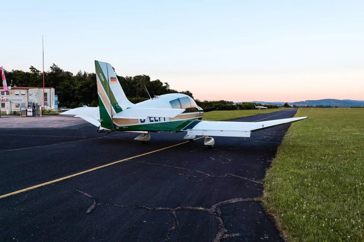 Front quarter view of the Robin D-EEPF aircraft on the tarmac.