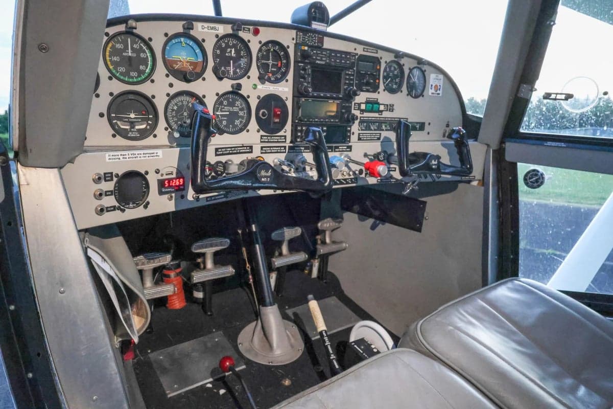 Cockpit view of the Maule STOL aircraft, showing the instrument panel and controls.