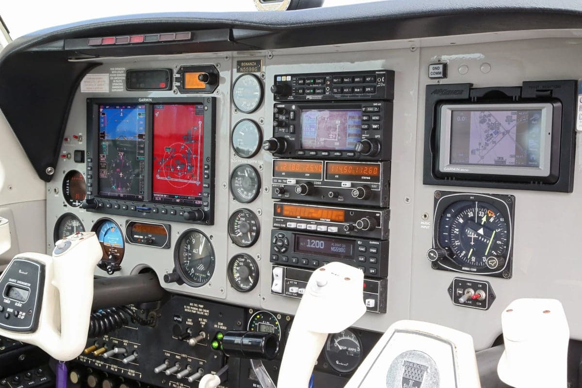 Close-up of the aircraft's avionics and instrument panel.