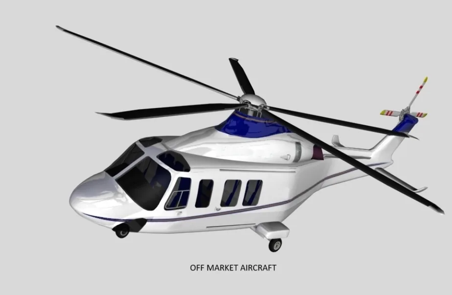A rendering of a white and blue helicopter.