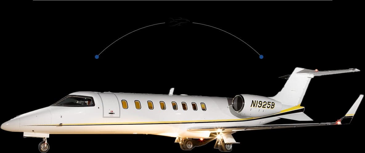 A white Learjet 60, registration N1925B, with yellow and black stripes, on a black background with graphical flight path elements.