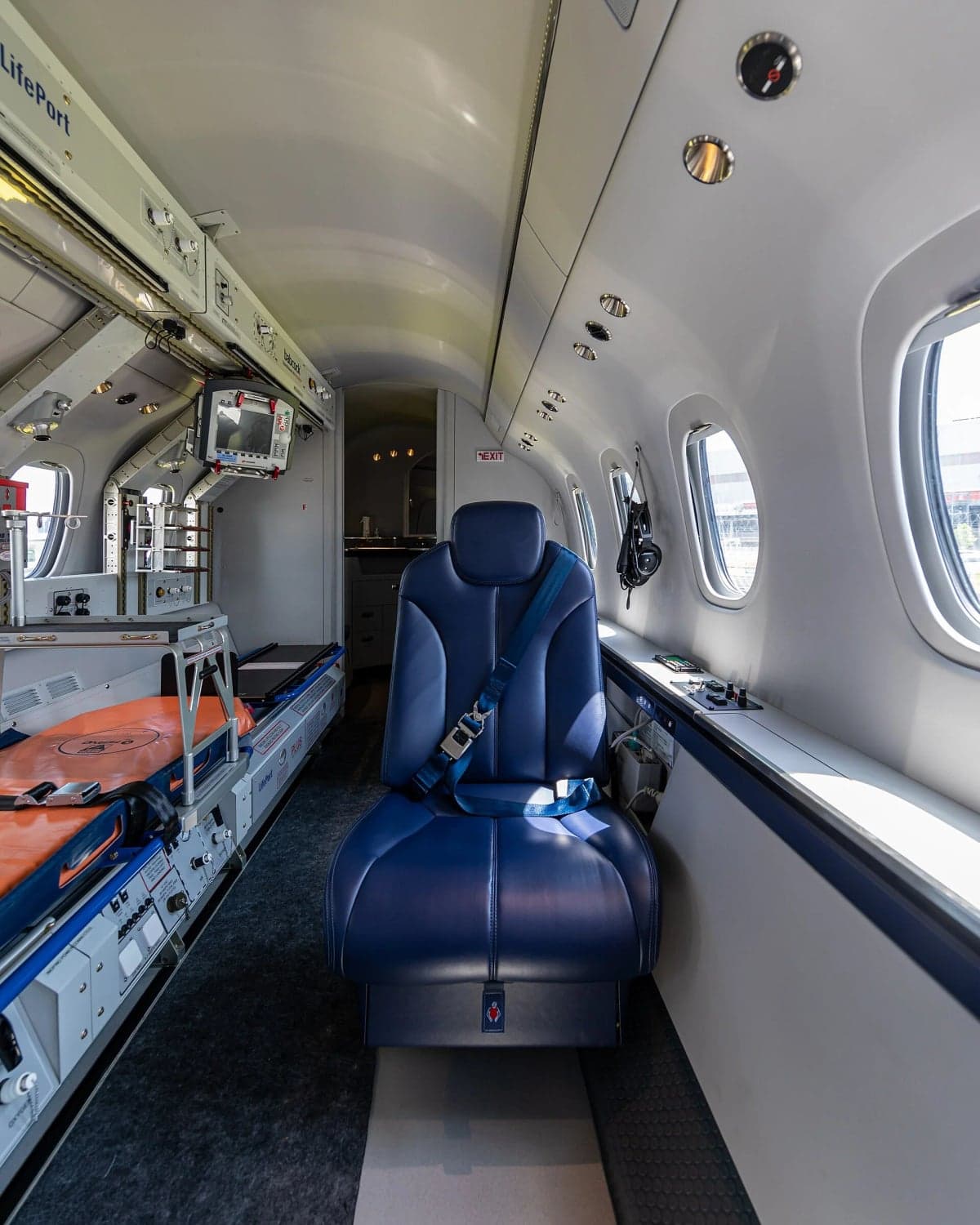 View of the interior of the aircraft, configured for medical transport.