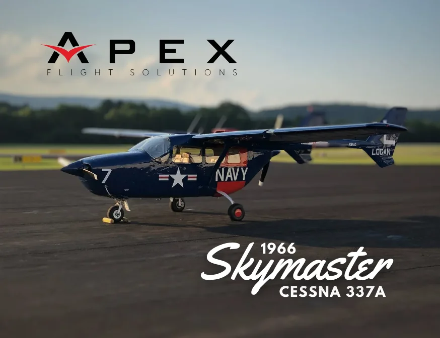 A 1966 Cessna 337A Skymaster with a navy blue and orange paint scheme on the runway.