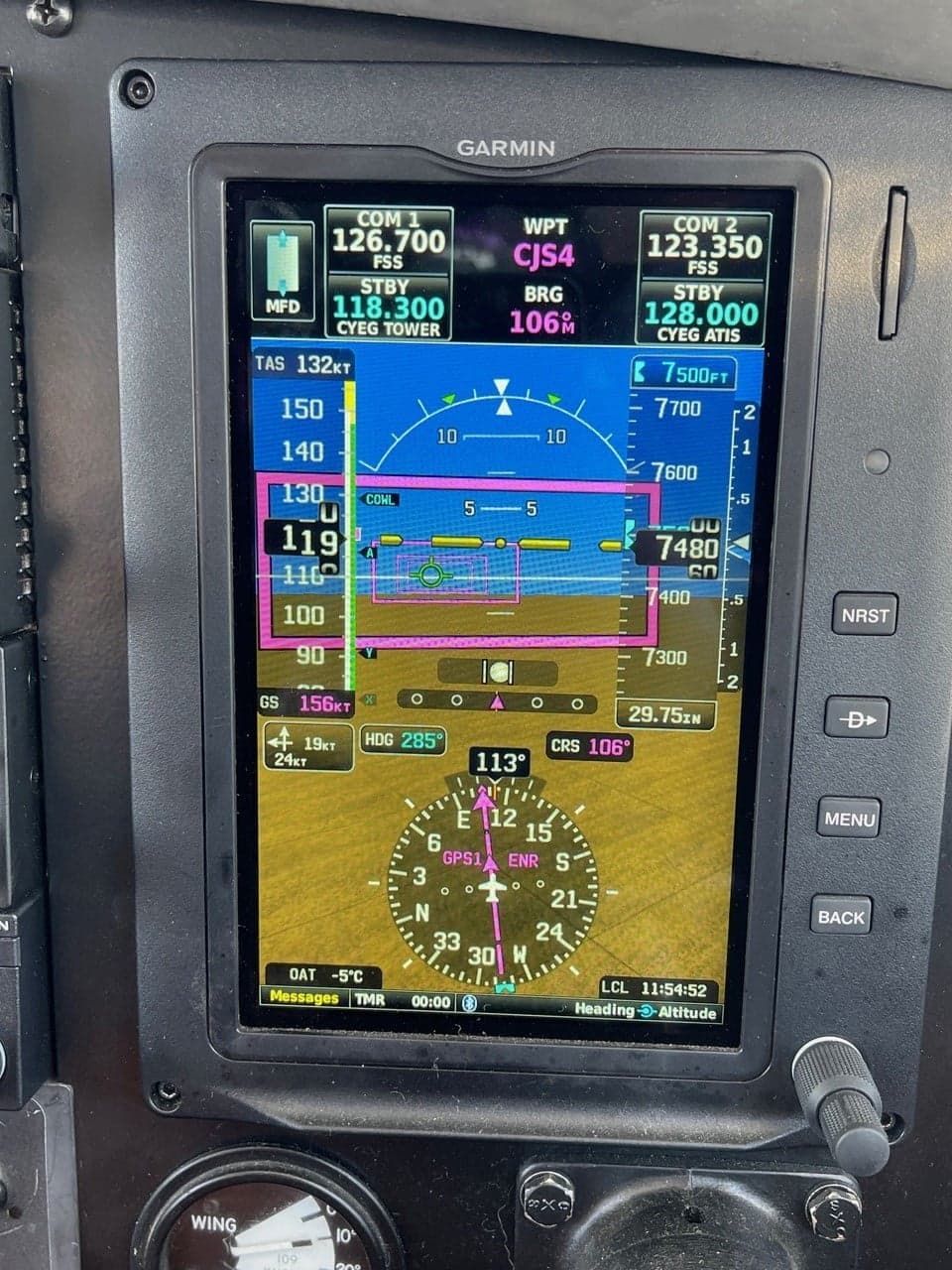Close-up of the Garmin display showing flight information.