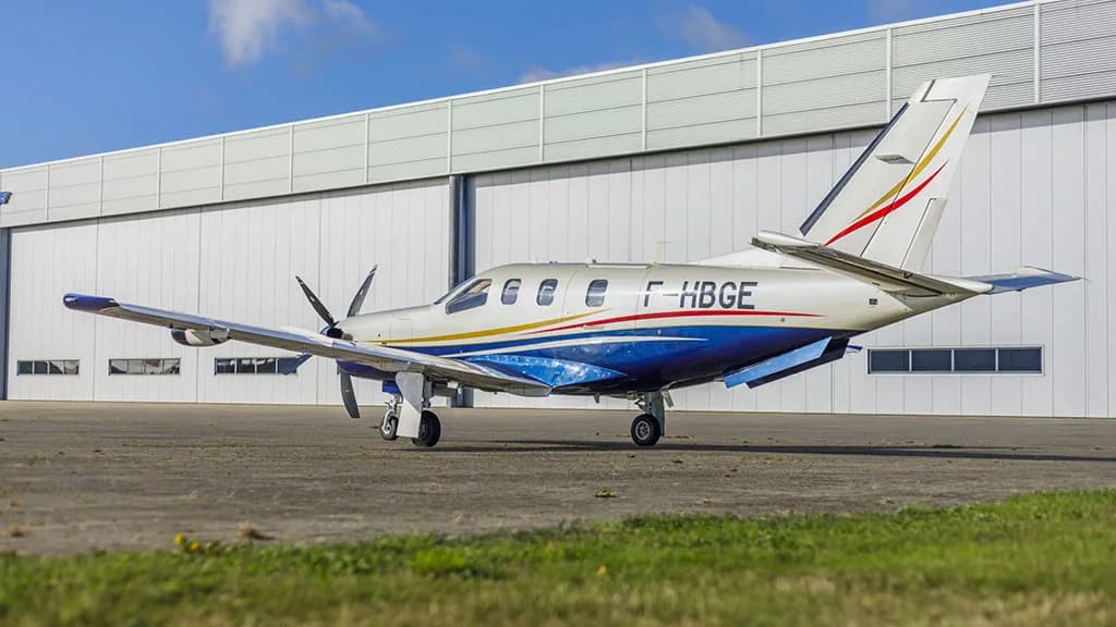 A white and blue TBM aircraft with registration F-HBGE parked in front of a large white hangar.