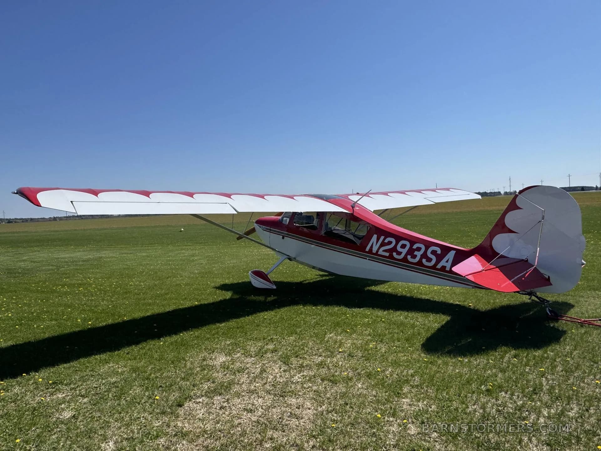 A red and white single-engine aircraft with tail number N293SA parked on a grassy field, showing its tail and right wing.