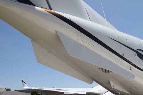 Close up of the tail section of a King Air aircraft.