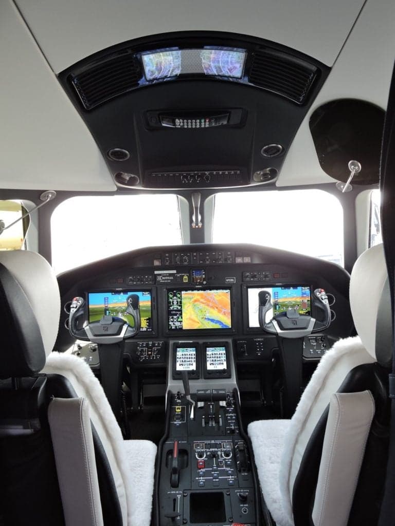 View of the cockpit of a Citation Longitude jet.
