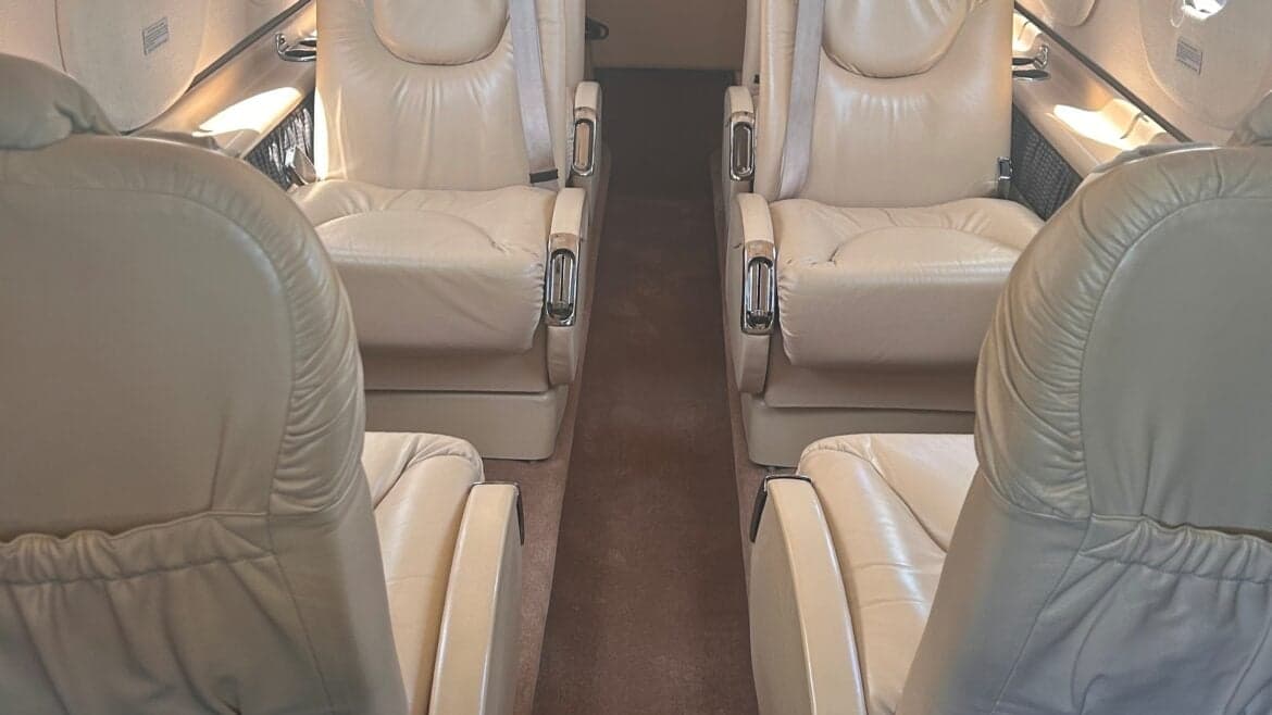 View of the interior cabin seats of the aircraft.